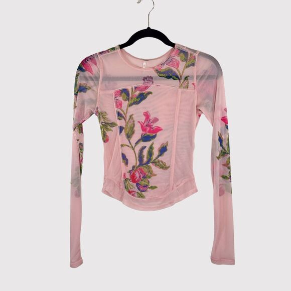Free People Womens Top Pink Bettys Garden Floral Cropped Sheer Fitted Size XS - Picture 2 of 11
